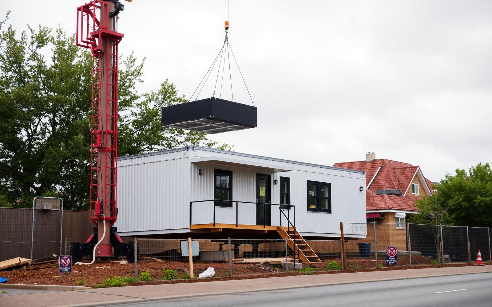 Modular housing module being placed on an urban infill lot